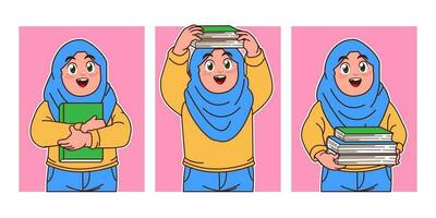 pequeño hijab muchachas que lleva un libro y vistiendo un mochila vector