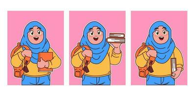 hijab niño vistiendo un mochila y que lleva un libro vector
