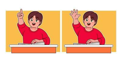 Little boy studying in class and raising hand vector