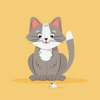 Funny cat character illustration and a mouse next to it. Vector illustration