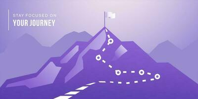 journey concept vector illustration of a mountain with path and a flag at the top, route to mountain peak, business journey and planning concept