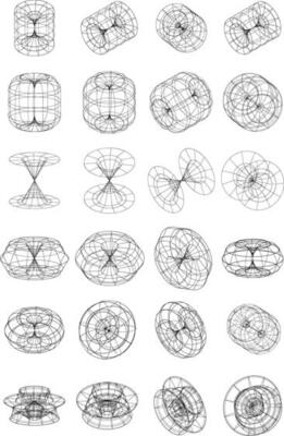 Set of 3D wireframe objects, collection of 3D wireframe illustrations