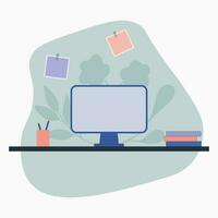 Vector graphic illustration of a desktop with a computer, books, stationery on a green background.