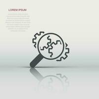 Loupe with gear icon in flat style. Magnifying glass vector illustration on white isolated background. Seo exploration business concept.