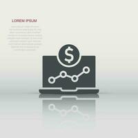 Laptop computer chart icon in flat style. Money diagram vector illustration on white isolated background. Financial process business concept.