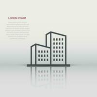 Building icon in flat style. Town skyscraper apartment vector illustration on white isolated background. City tower business concept.