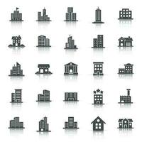 Building icon set in flat style. Town skyscraper apartment vector illustration on white isolated background. City tower business concept.