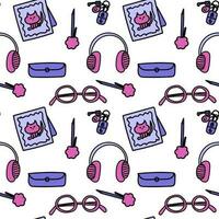 Seamless pattern of workspace items on a desk. Includes watch, phone, stickers, headphones, charging cable, and glasses. Can be used as a stylish background for tech-related designs vector