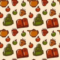 Autumn seamless pattern. School atmosphere. A book, a backpack, an apple and tea. Vector illustration. Ideal for use in textiles, paper designs, home decor, and other creative projects