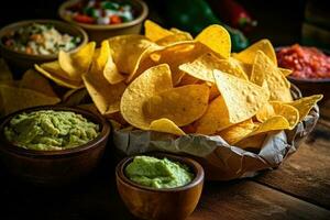 chips and dips in the kitchen table Food Photography AI Generated photo