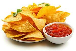 chips and dips white isolated background Food Photography AI Generated photo