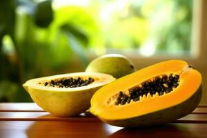 papayas Fruta en el cocina mesa comida fotografía ai generado foto