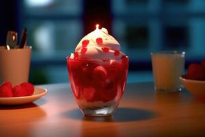 red light sundae in the kitchen table Food Photography AI Generated photo