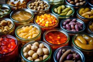 canned vegetables in The kitchen table Food Photography AI Generated photo