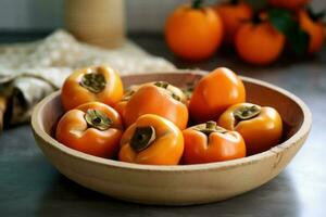 persimmons fruit in The kitchen table Food Photography AI Generated photo