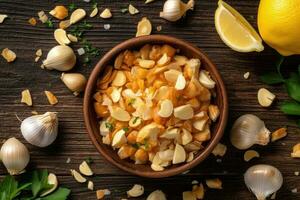 stock photo of fried garlic bits kitchen table flat lay AI Generated