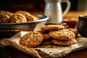 harina de avena galletas en el cocina mesa comida fotografía ai generado foto