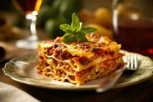 stock photo slice of lasagna in kitchen table bird view AI Generated