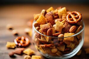 snack mix ratio in The kitchen table Food Photography AI Generated photo