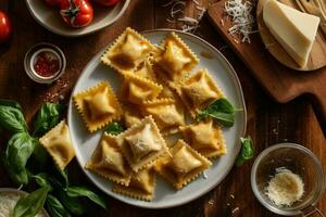 cheese ravioli in the kitchen table Food Photography AI Generated photo