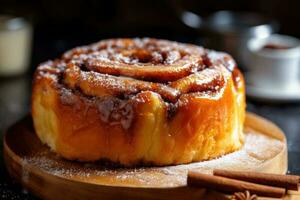 cinnamon roll in the kitchen table Food Photography AI Generated photo