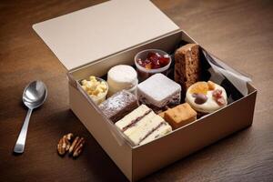 postre caja en el cocina mesa comida fotografía ai generado foto