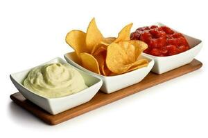 chips and dips white isolated background Food Photography AI Generated photo