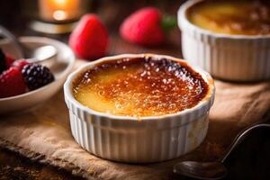 creme brulee in the kitchen table Food Photography AI Generated photo