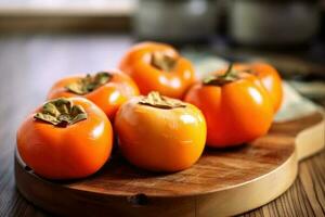 persimmons fruit in The kitchen table Food Photography AI Generated photo
