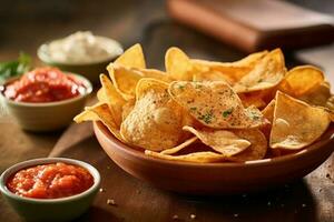 chips and dips in the kitchen table Food Photography AI Generated photo