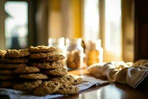 harina de avena galletas en el cocina mesa comida fotografía ai generado foto