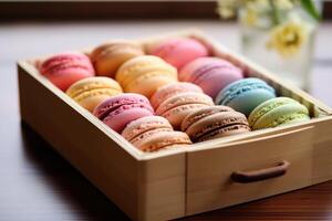 macaroon box in The kitchen table Food Photography AI Generated photo