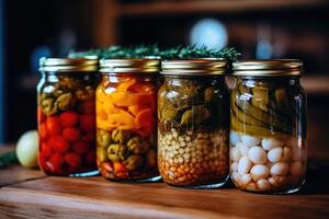 Enlatado vegetales en el cocina mesa comida fotografía ai generado foto