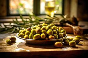 aceituna Fruta en el cocina mesa comida fotografía ai generado foto