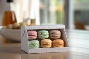 macaroon box in The kitchen table Food Photography AI Generated photo