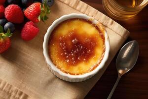 creme brulee in the kitchen table Food Photography AI Generated photo