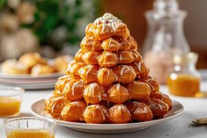 croquembouche en el cocina mesa comida fotografía ai generado foto