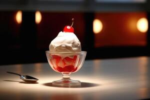 red light sundae in the kitchen table Food Photography AI Generated photo