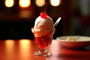 red light sundae in the kitchen table Food Photography AI Generated photo