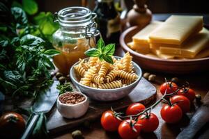 stock photo of pasta in kitchen table bird view AI Generated