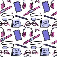 Seamless pattern of workspace items on a desk. Includes watch, phone, stickers, headphones, charging cable, and glasses. Can be used as a stylish background for tech-related designs vector