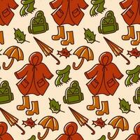 Autumn seamless pattern. Doodle elements. clothes, umbrella and leaves. Vector illustration. Ideal for use in textiles, paper designs, home decor, and other creative projects