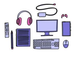 Doodle illustration with objects on a desk. Computer, phone, headphones, book, charger, remote, and mouse. Vector illustration for office, education, or productivity themes.