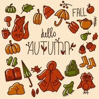 Vibrant autumn doodle illustration featuring colorful leaves, pumpkins, and acorns on a clean white background. Perfect for adding seasonal charm to your designs and creative projects. Vector