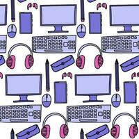 Seamless pattern of computer accessories. Includes headphones, mouse, keyboard, monitor, and phone. Can be used as a trendy background for tech-related designs or digital products. Vector