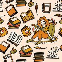 Cozy seamless pattern with books doodle illustration. Vector artwork featuring a delightful assortment of books creating a warm and inviting ambiance