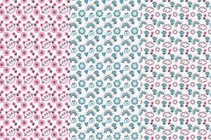 A charming seamless vector patterns set featuring colorful flowers and a rainbow, perfect for creating cute backgrounds for smartphone apps, wallpapers, chat interfaces, and more.