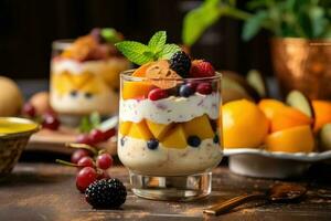 mocoso Fruta cóctel en el cocina mesa comida fotografía ai generado foto