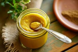 stock photo of mustard paste in kitchen table flat lay AI Generated