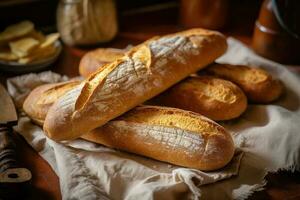 valores foto de francés un pan o junquillo en cocina mesa ai generado